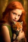 Little girl holding baby fox. AI Generated. Art Print